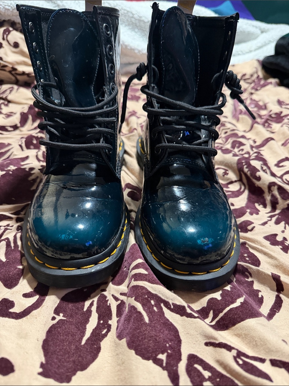Dr. Martens - Black Teal Lace-Up Combat Boots with Yellow Stitching